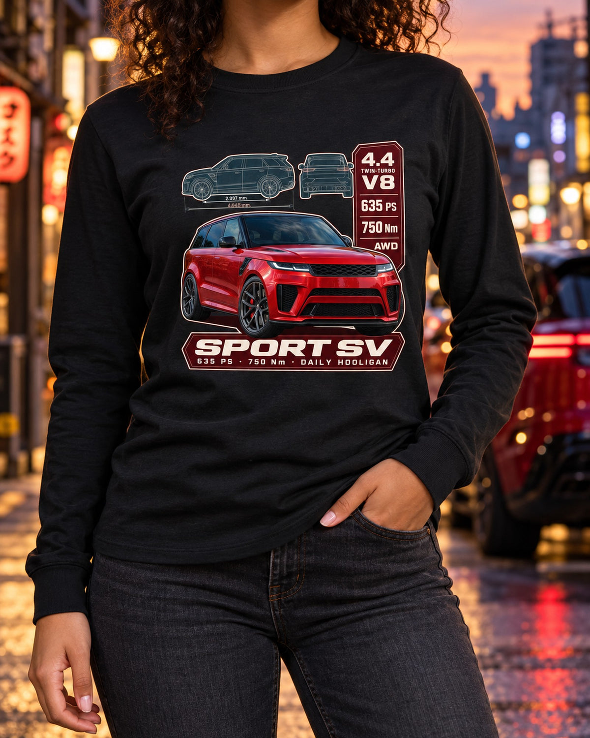 Range Rover Sport SV L461 Spec Poster Shirt, 635 PS Daily Driver Long Sleeve Black worn hero