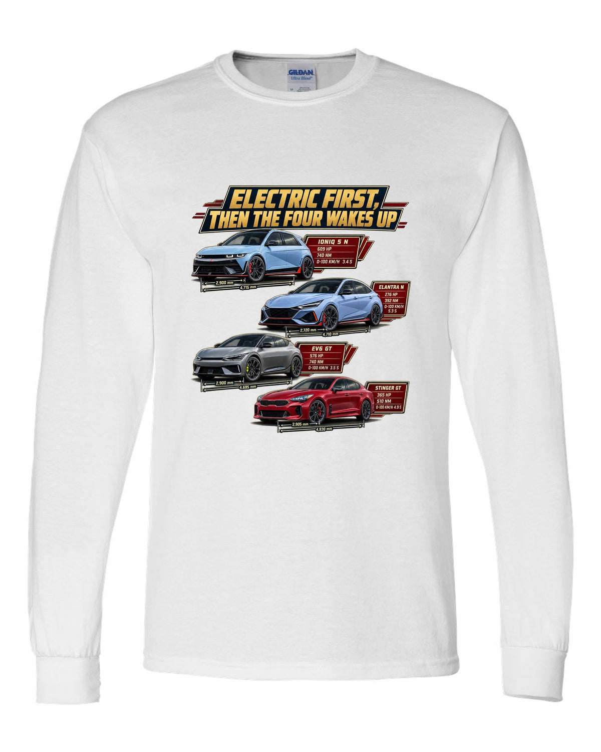 Polestar 1 spec poster print on a shirt white long sleeve front view with the design
