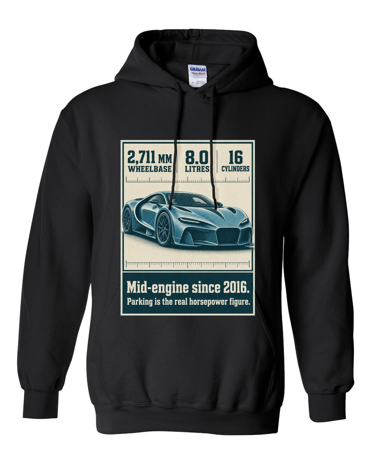 Bugatti Chiron Sport halftone print with wheelbase and engine facts black pull over hoodie front view with the design