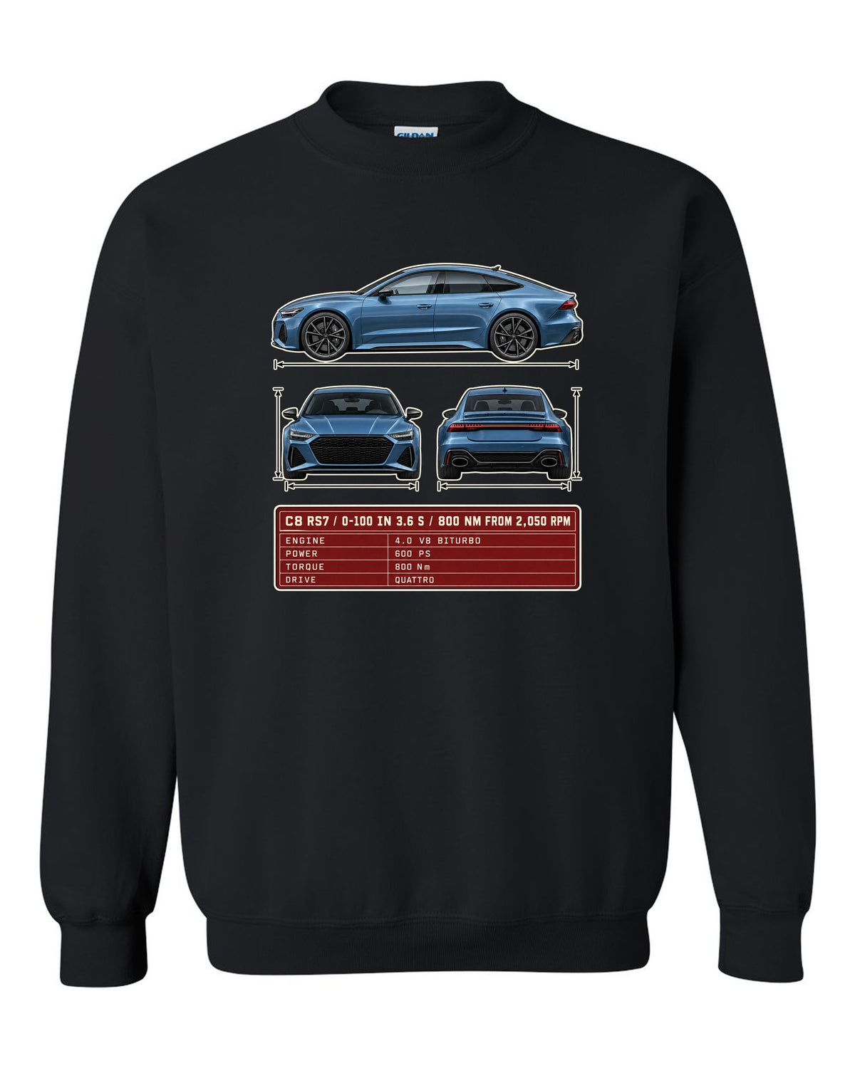 Three-view spec sheet for the Audi RS7 Sportback C8 black crewneck front view with the design