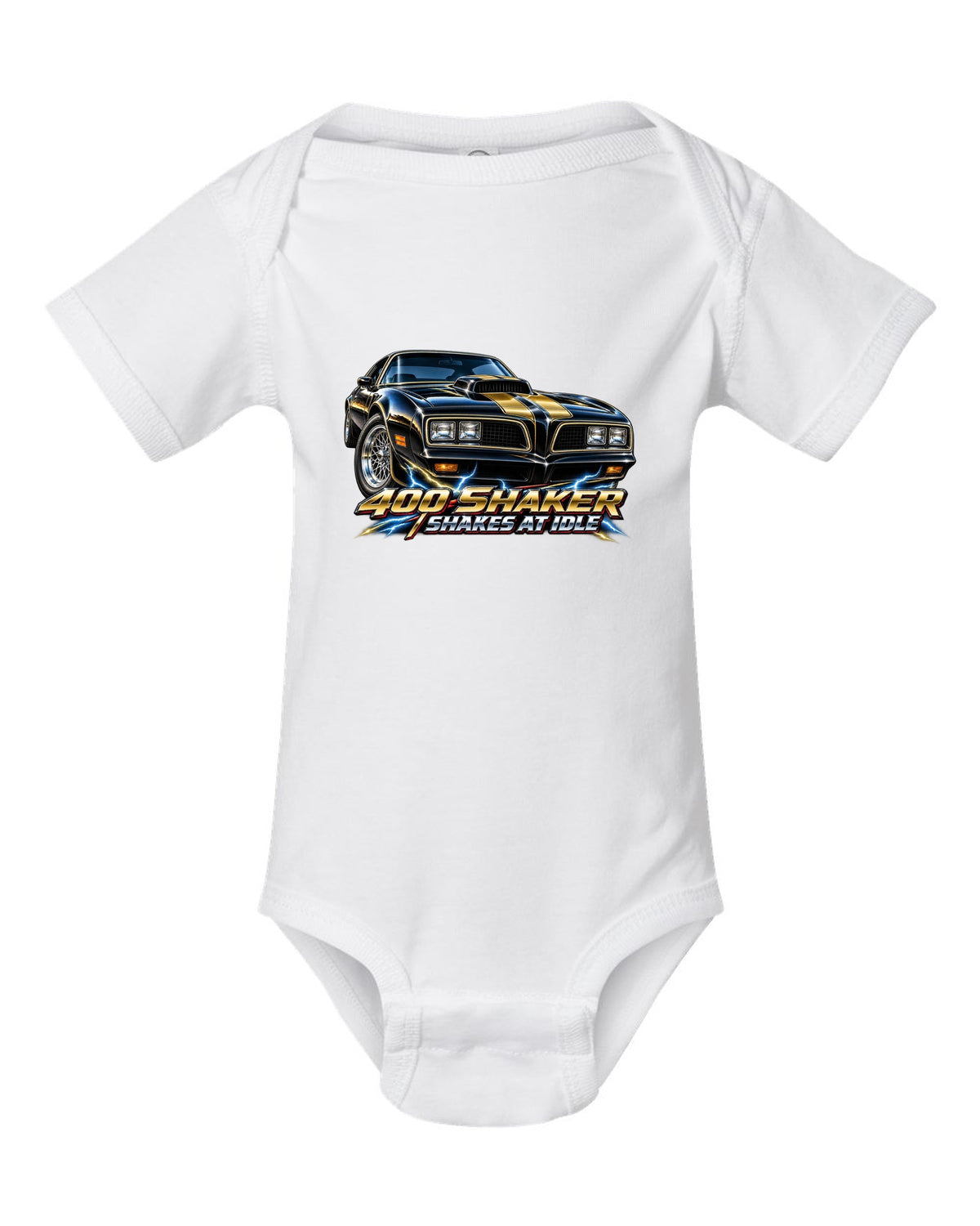 1977 Pontiac Firebird Trans Am shaker hood close-up in airbrush chrome white baby onesie front view with the design