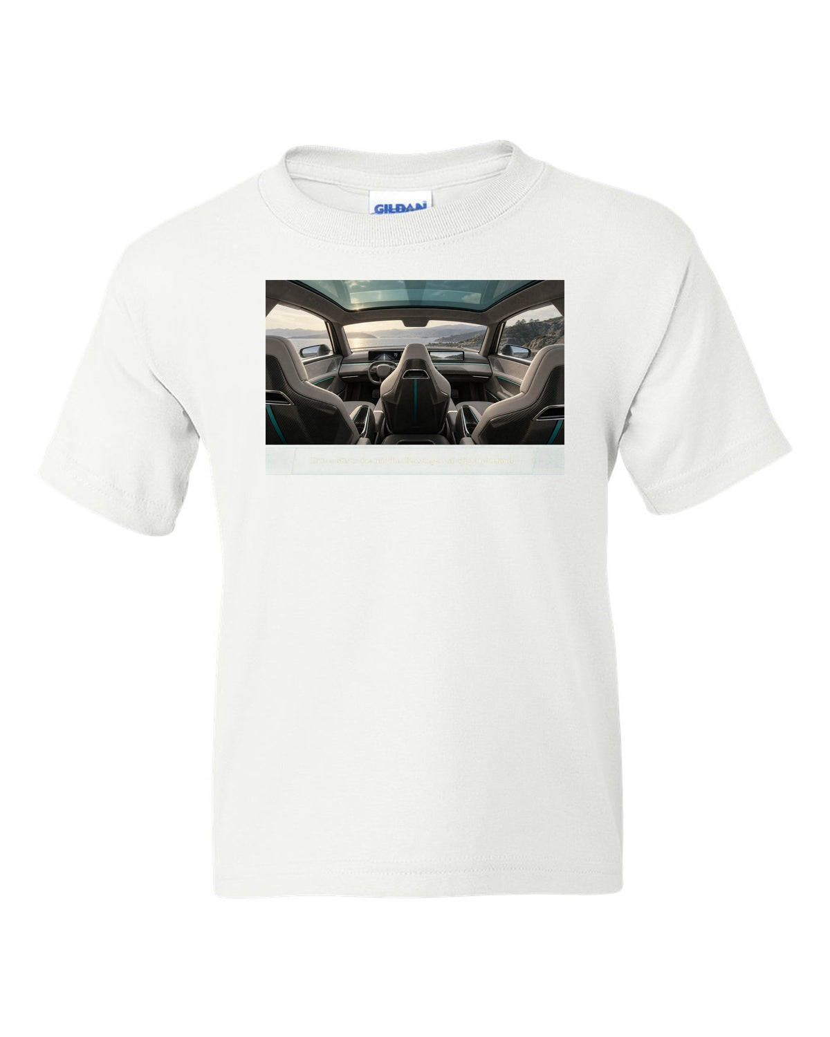 Cockpit print of a McLaren Speedtail interior with a centre driving seat white kids tee front view with the design
