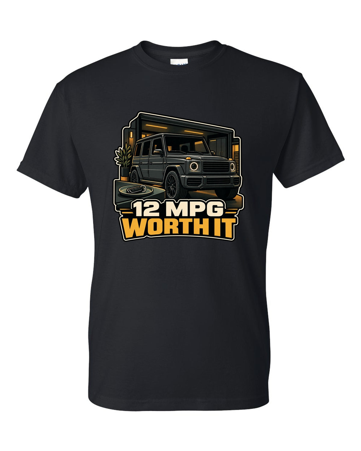 Army surplus stamp graphic reading Gelandewagen 1979 for the Mercedes G-Class W460, print black t-shirt front view with the design