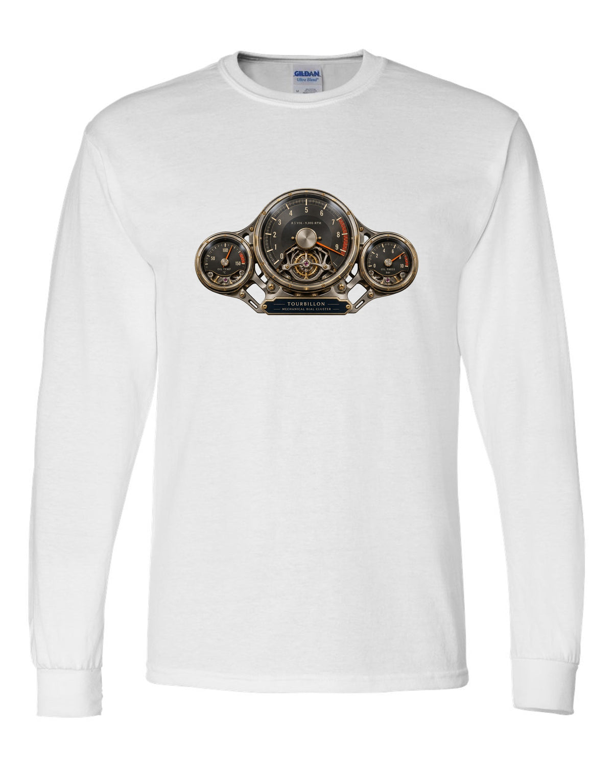 Cockpit and mechanical dial cluster of the Bugatti Tourbillon, print white long sleeve front view with the design