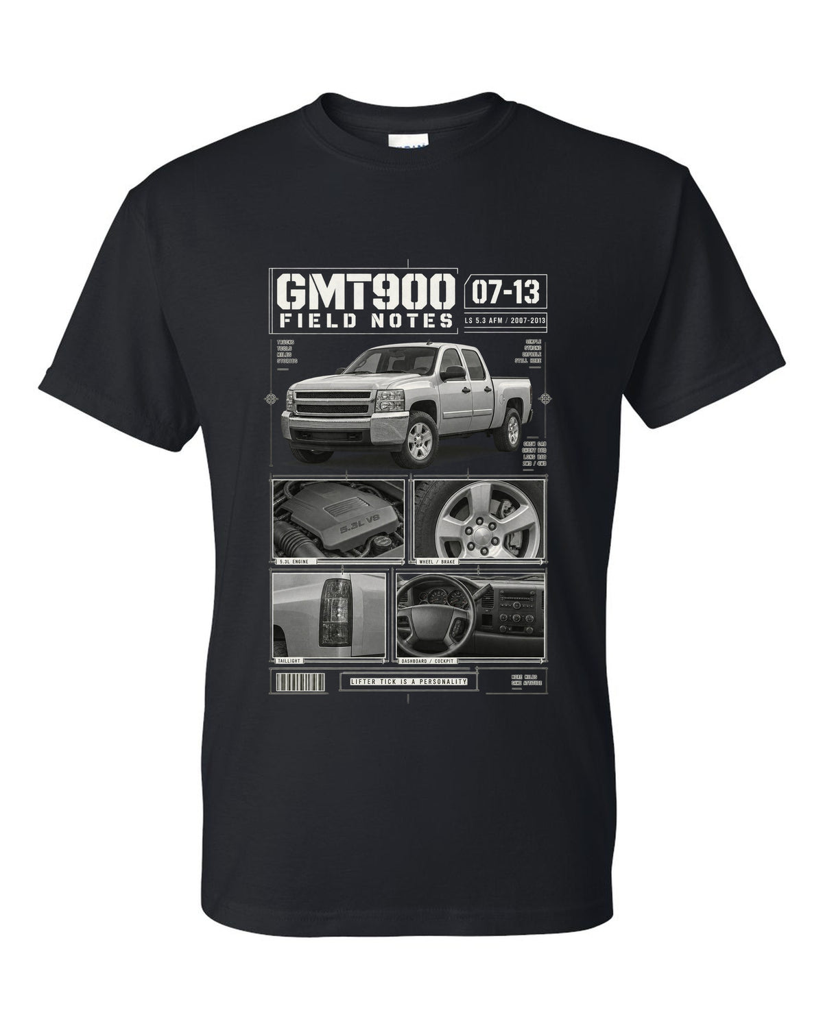 GMT900 Chevy Silverado crew cab field notes dossier print black t-shirt front view with the design