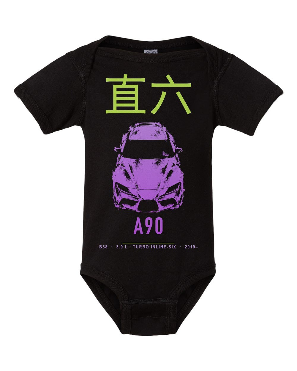 A90 artwork black baby onesie front view