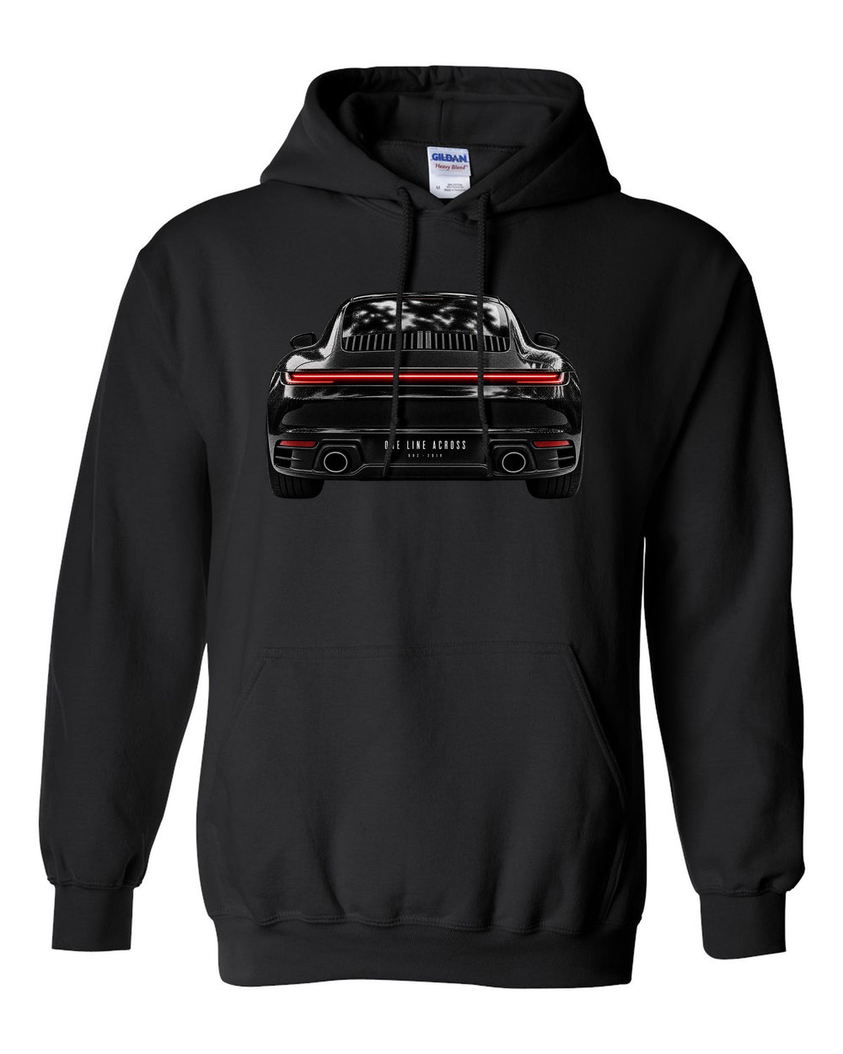 Taillight macro print of a 2019 Porsche 911 Carrera 992 rear light black pull over hoodie front view with the design