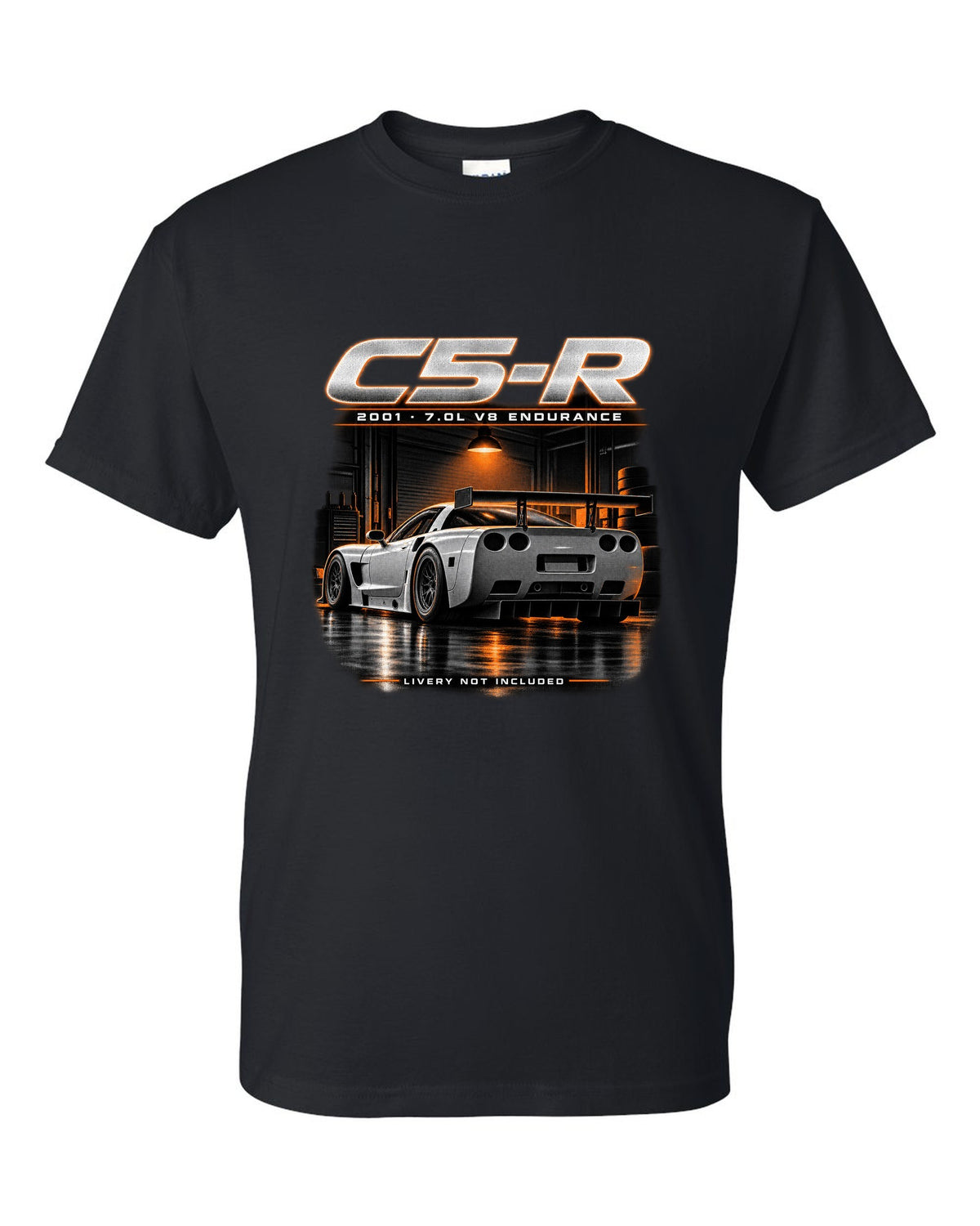 Corvette C5-R race car with big rear wing in a night garage black t-shirt front view with the design