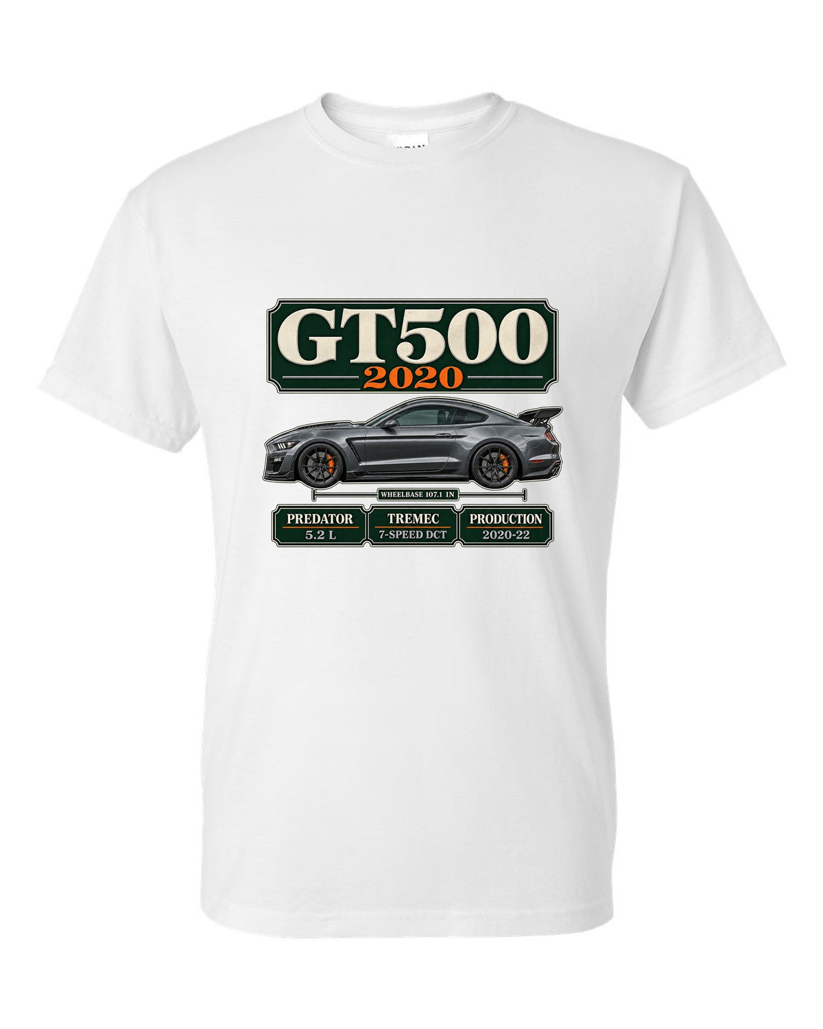 Ford Mustang S550 Shelby GT500 2020 archive panel print with engine and gearbox details white t-shirt front view with the design