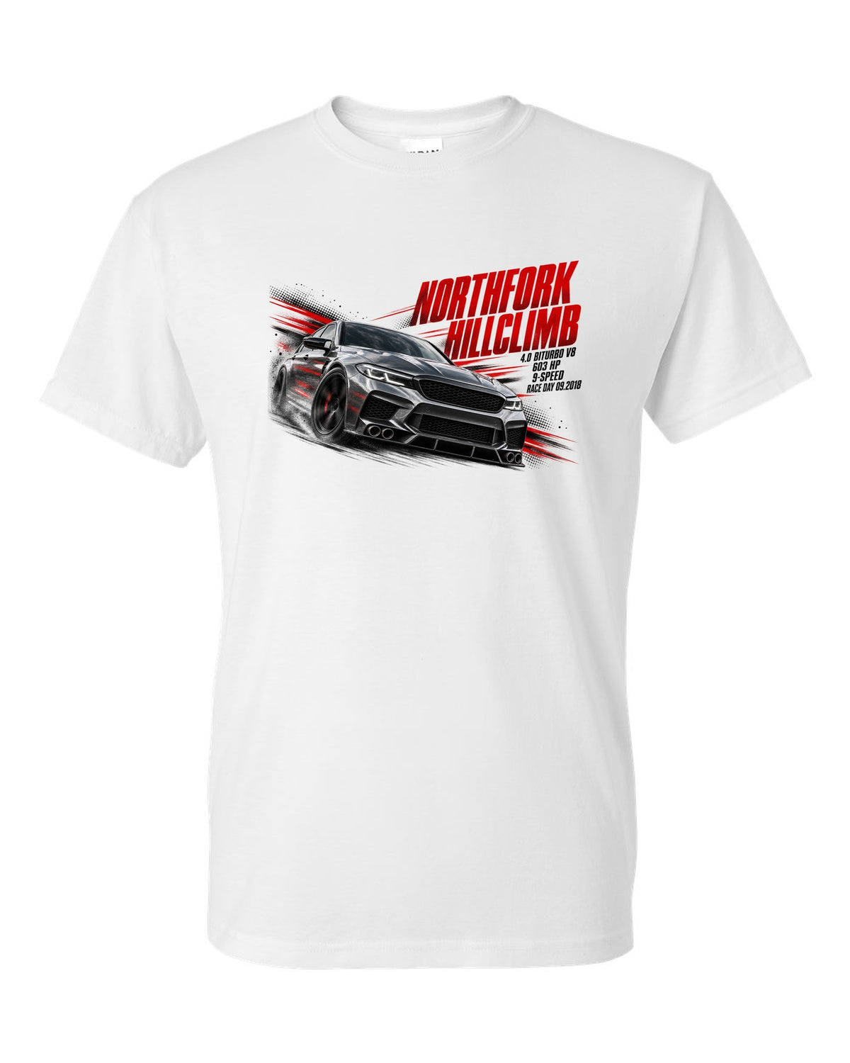 print race poster of a Mercedes W213 E63 S sedan for a hillclimb with text 4.0 Biturbo race day 09.2018 white t-shirt front view with the design