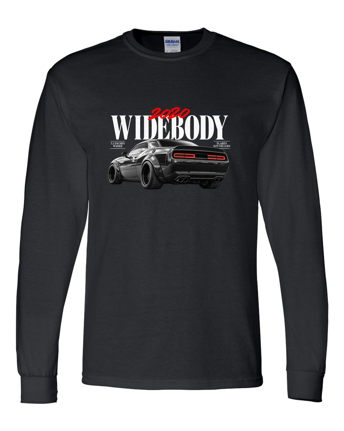 Editorial headline print of a 2020 Dodge Challenger Scat Pack Widebody with 3.5 inches wider text black long sleeve front view with the design