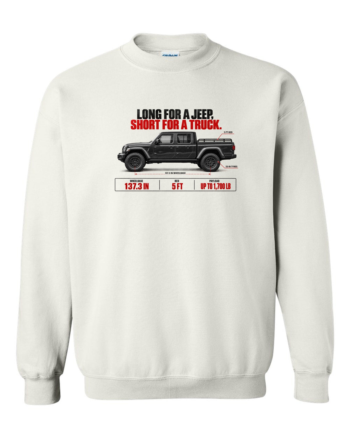 Jeep Gladiator JT spec poster print with wheelbase and payload figures white crewneck front view with the design