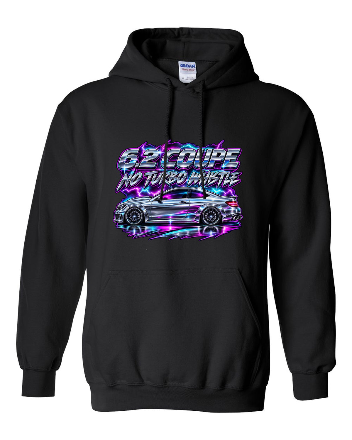 80s chrome airbrush print of a Mercedes C63 Coupe C204 black pull over hoodie front view with the design