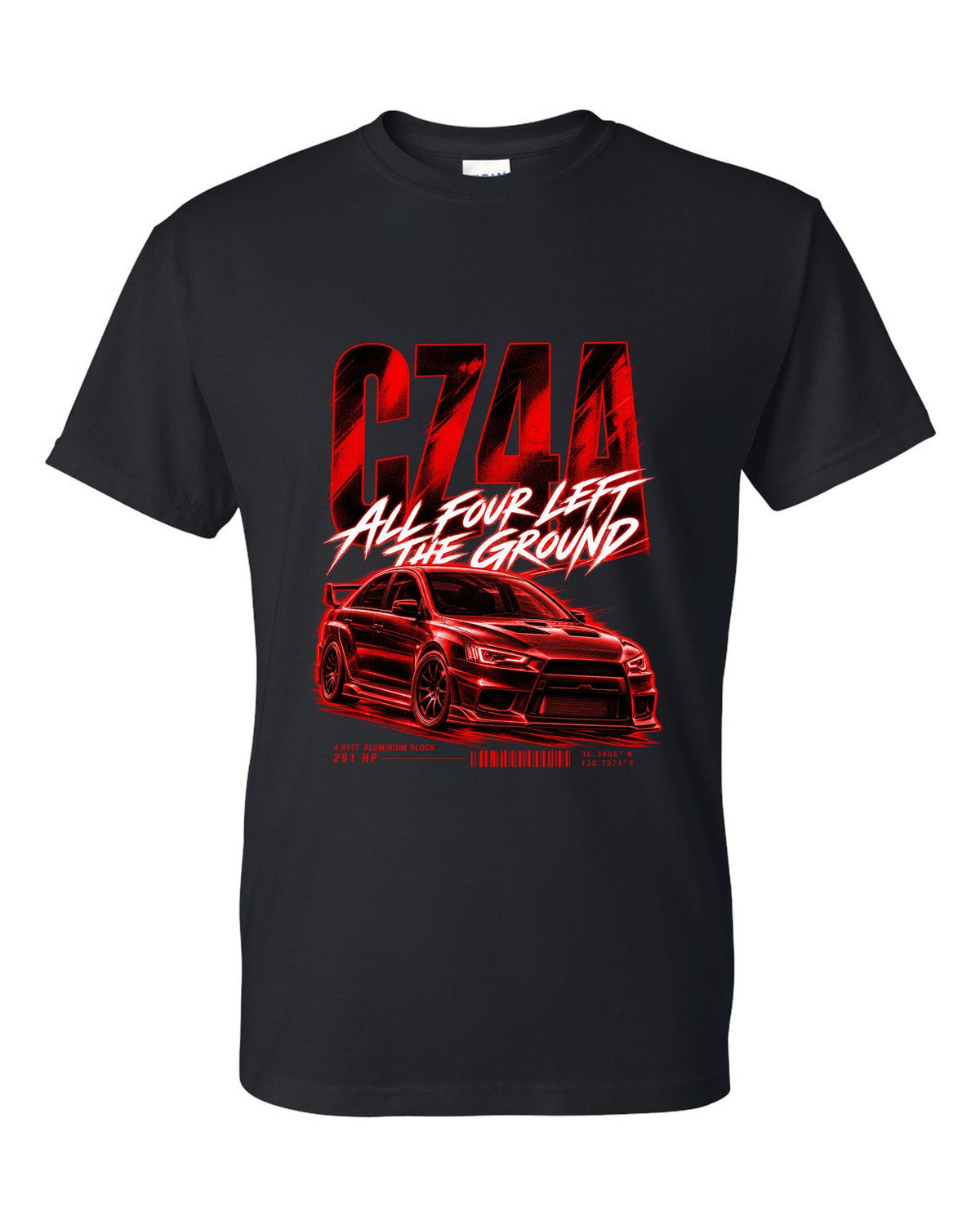 Mitsubishi Lancer Evolution X CZ4A street poster print with 4B11T and 291 HP text black t-shirt front view with the design