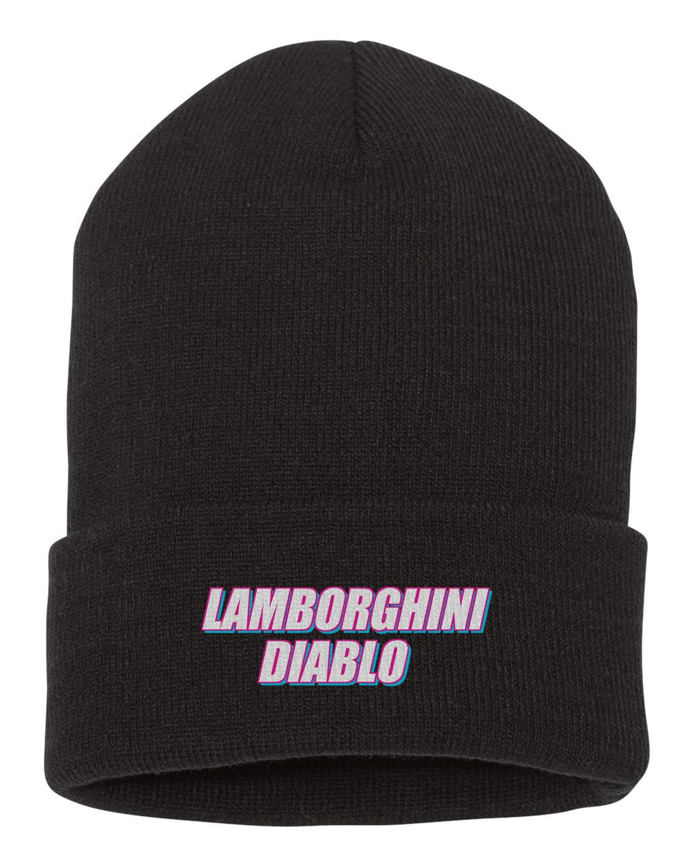 Lamborghini Diablo black beanie front view with car name