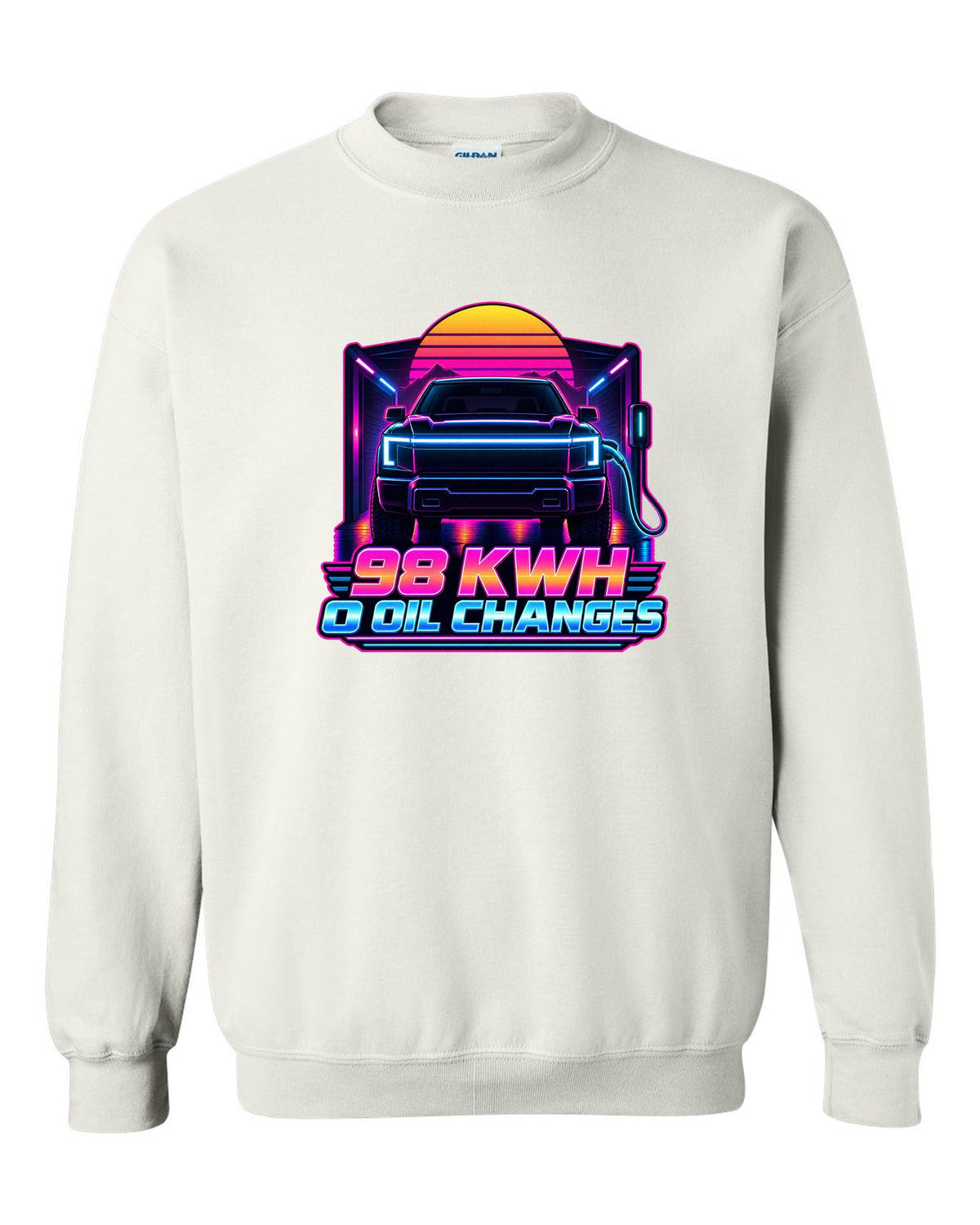 Ford F-150 Lightning EV with lightbar in a neon synthwave outline print white crewneck front view with the design
