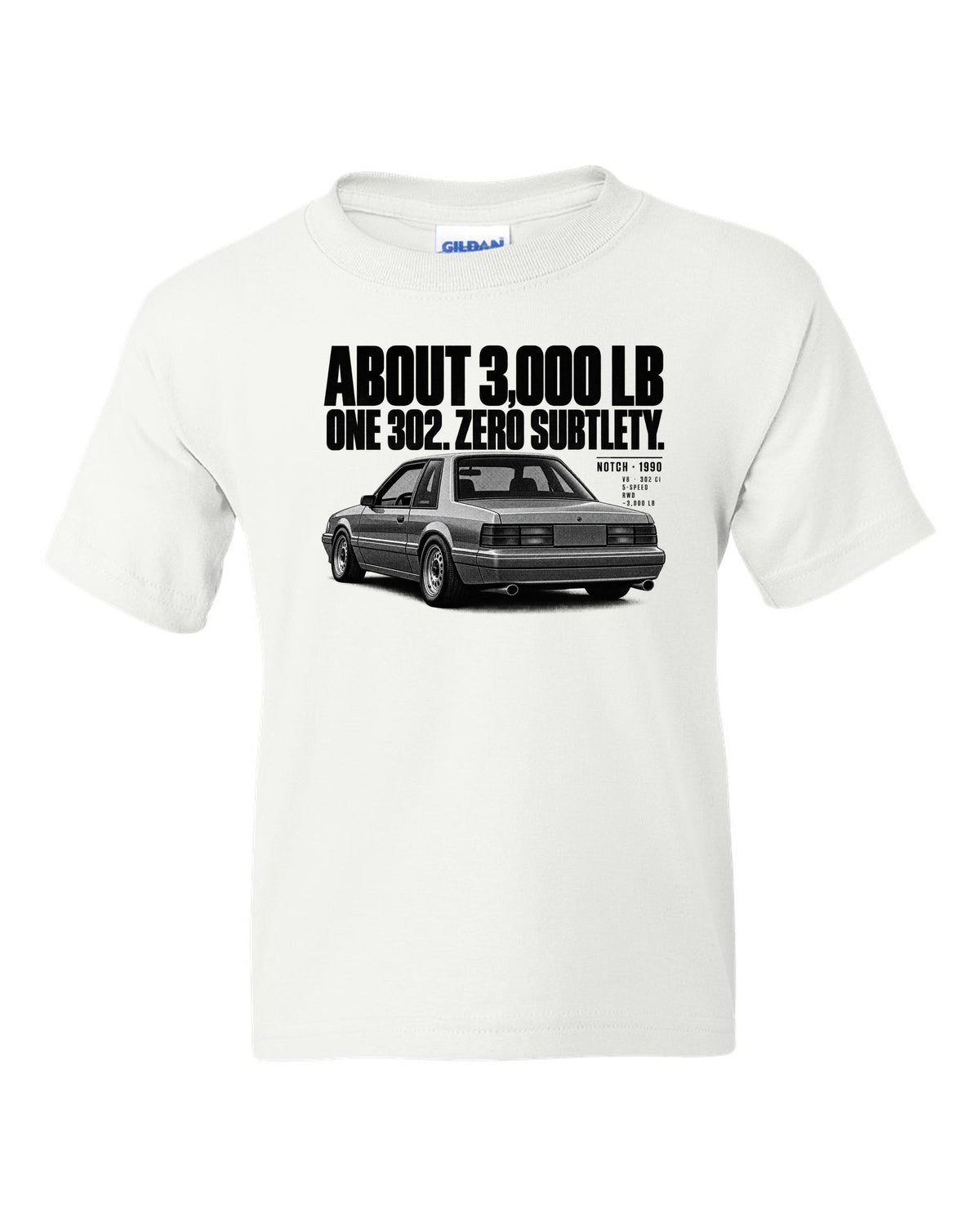 Halftone print of a 1990 Ford Mustang Fox Body LX notchback with spec lines white kids tee front view with the design