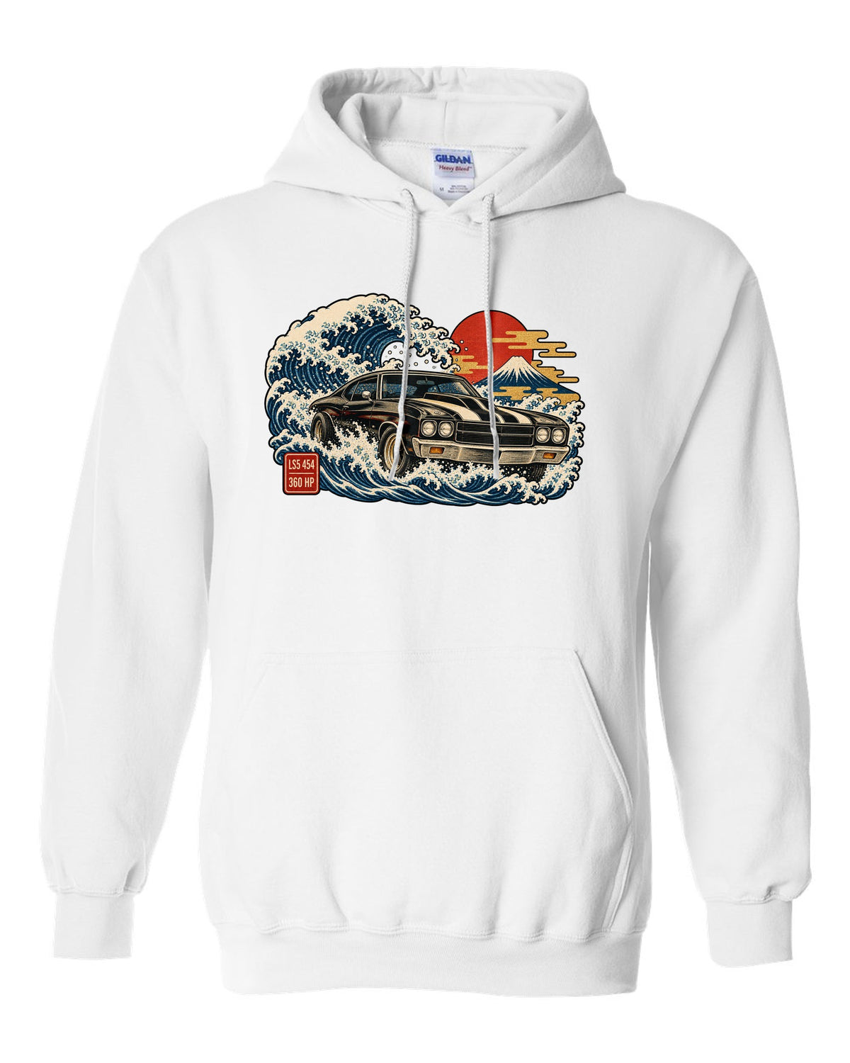 1970 Chevelle SS on a great wave in ukiyo-e woodblock style with text LS5 454 360 HP white pull over hoodie front view with the design