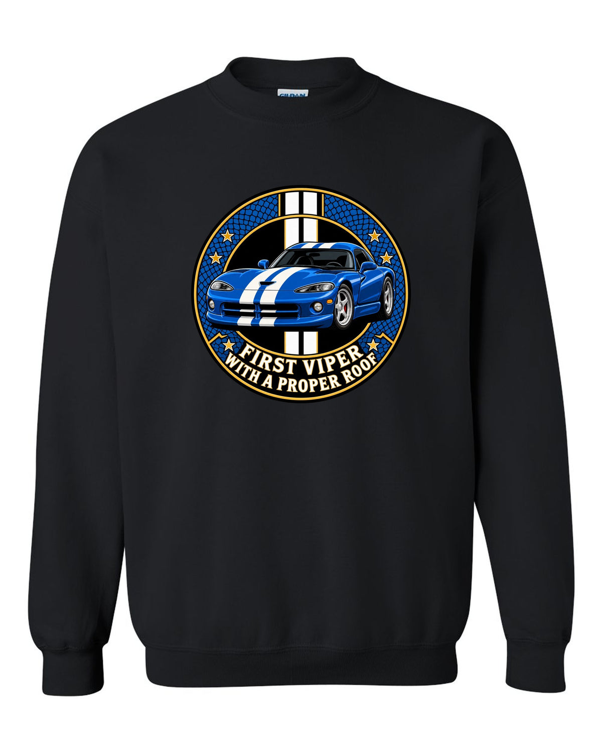 Original crest design print of a 1996 Dodge Viper GTS SR II with proper roof text black crewneck front view with the design