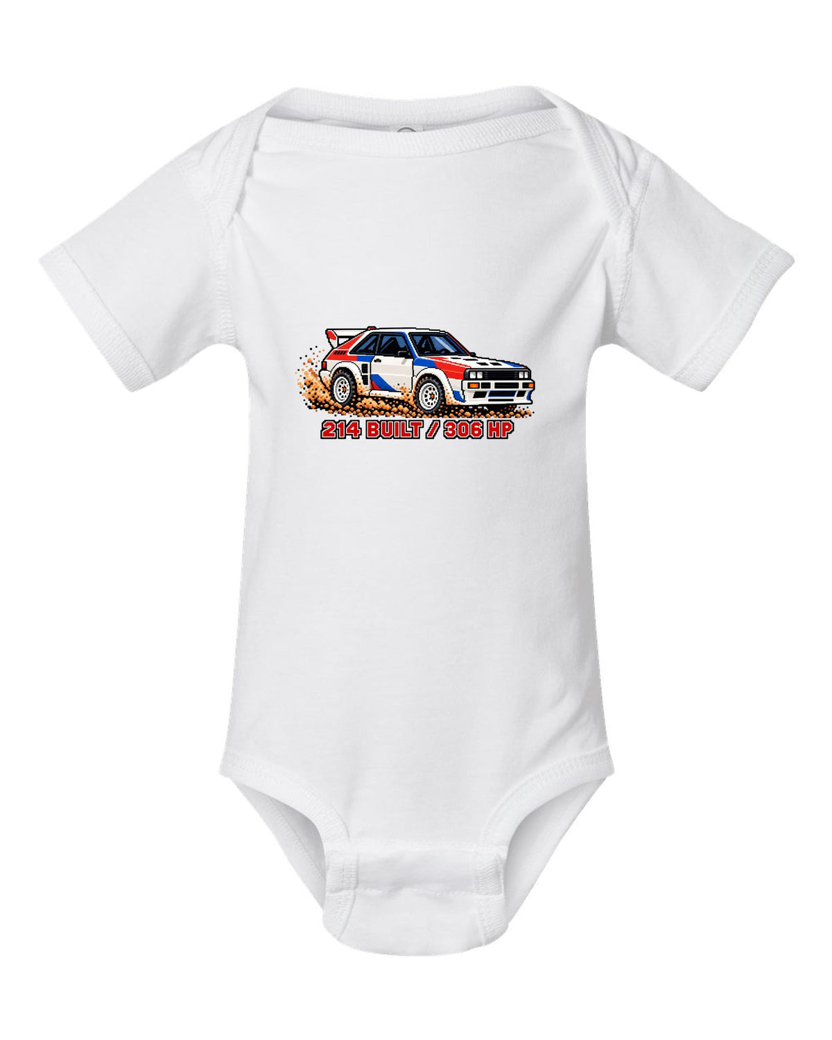 16-bit pixel art print of an Audi Sport Quattro SWB with 214 Built text white baby onesie front view with the design