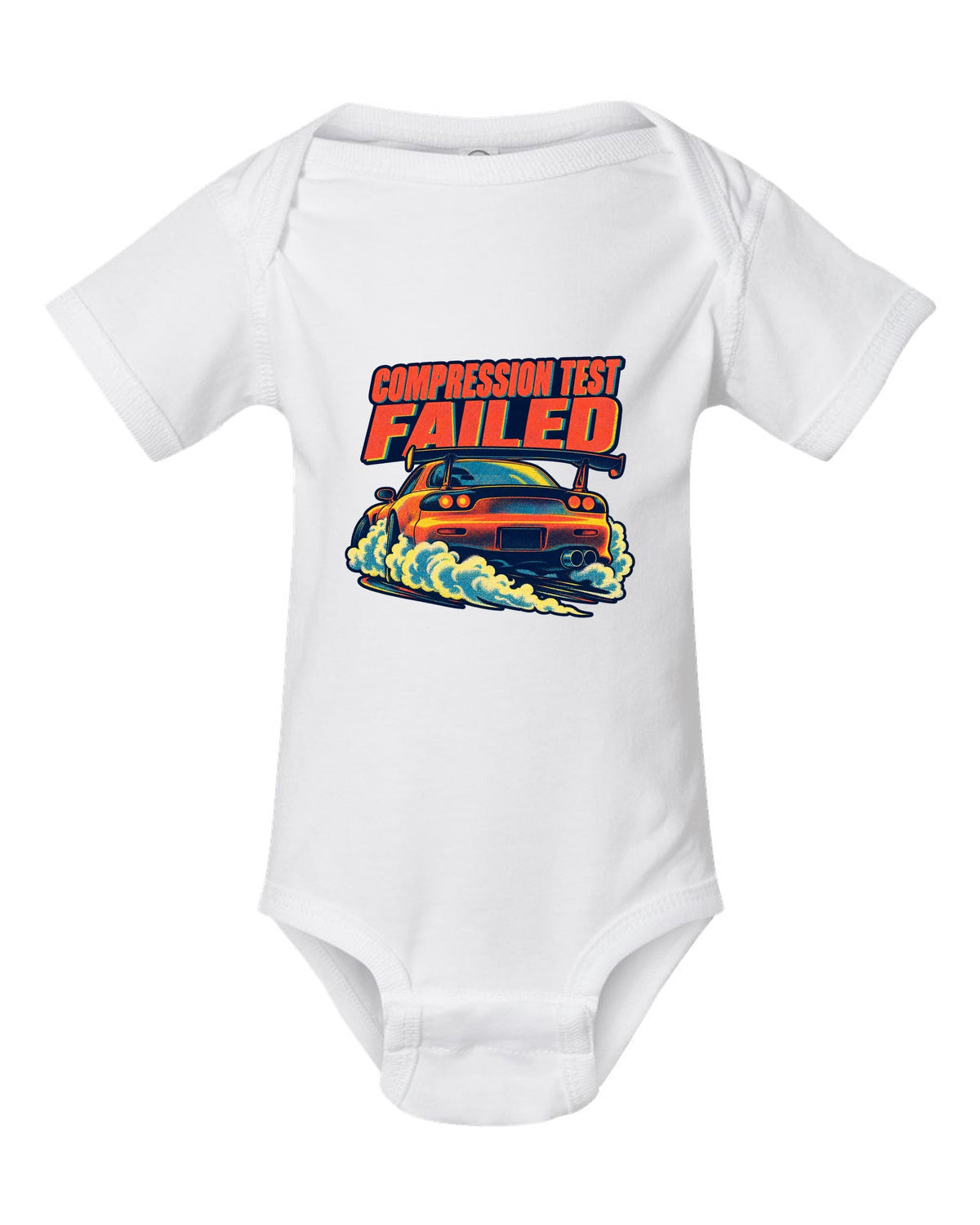 Risograph spot-colour rear view of a Mazda RX-7 FD3S with glowing taillights white baby onesie front view with the design