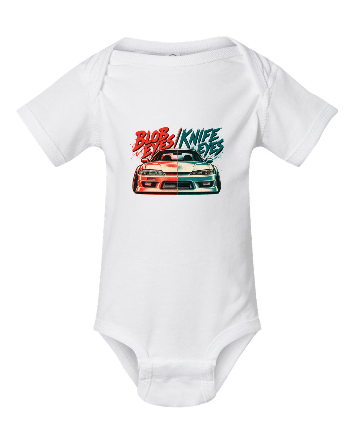 Risograph two-colour print comparing Nissan Silvia S14 zenki and kouki front ends white baby onesie front view with the design