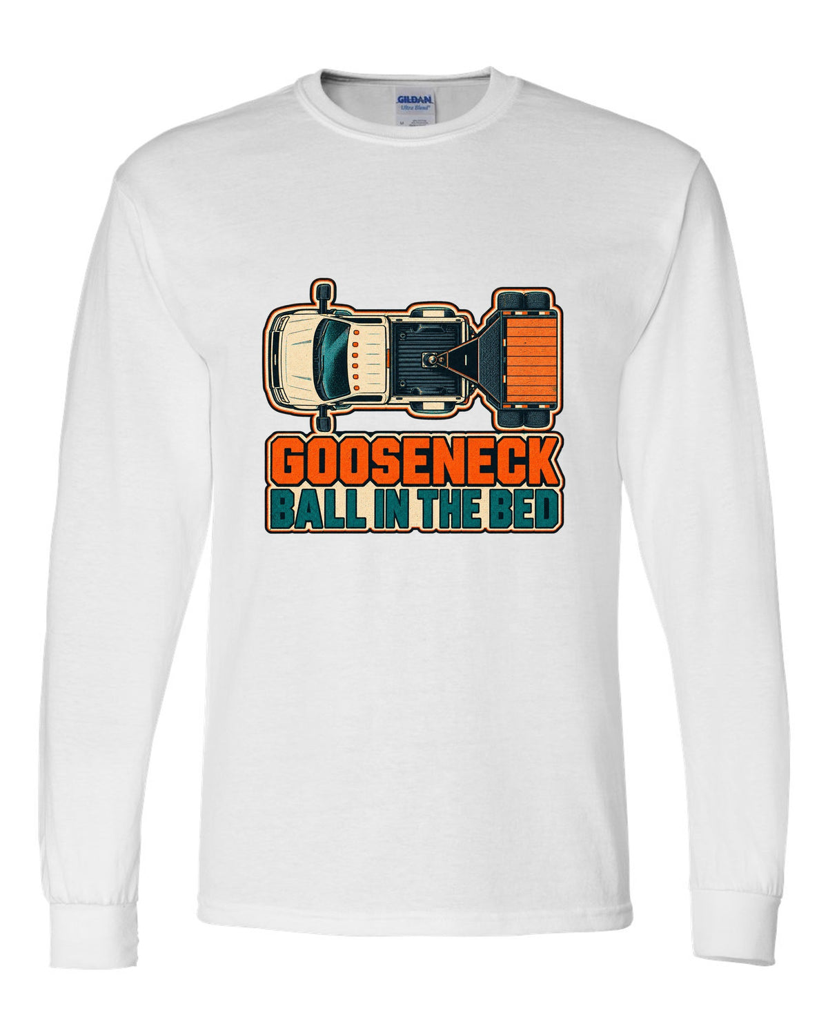 Top-down risograph print of a 2019-2024 Ram HD 3500 long bed with gooseneck ball in the bed text white long sleeve front view with the design