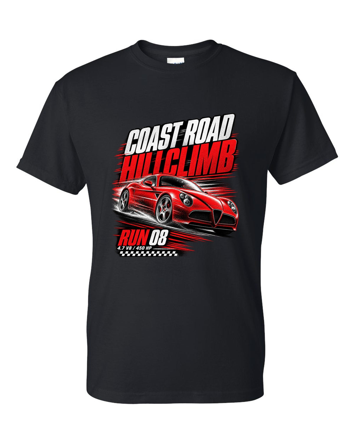 Hillclimb race poster print of an Alfa Romeo 8C Competizione with coast road and 4.7 V8 text black t-shirt front view with the design