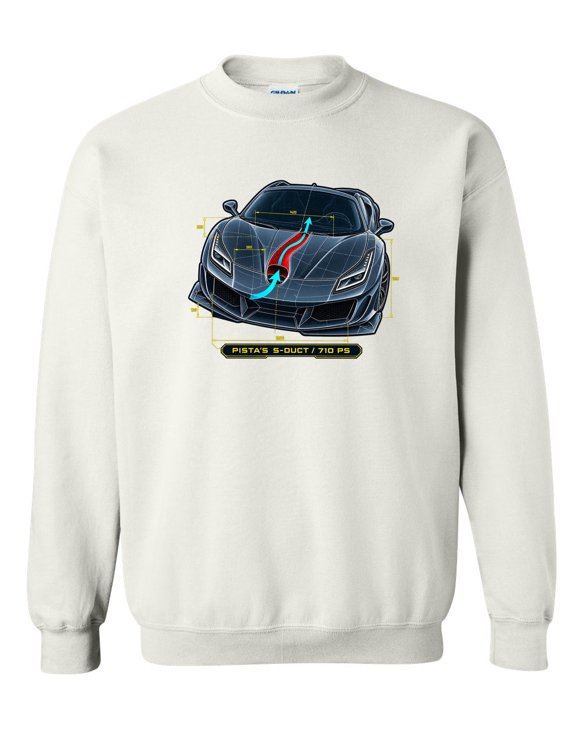 Blueprint line art of the Ferrari F8 Tributo S-duct with Pista reference white crewneck front view with the design