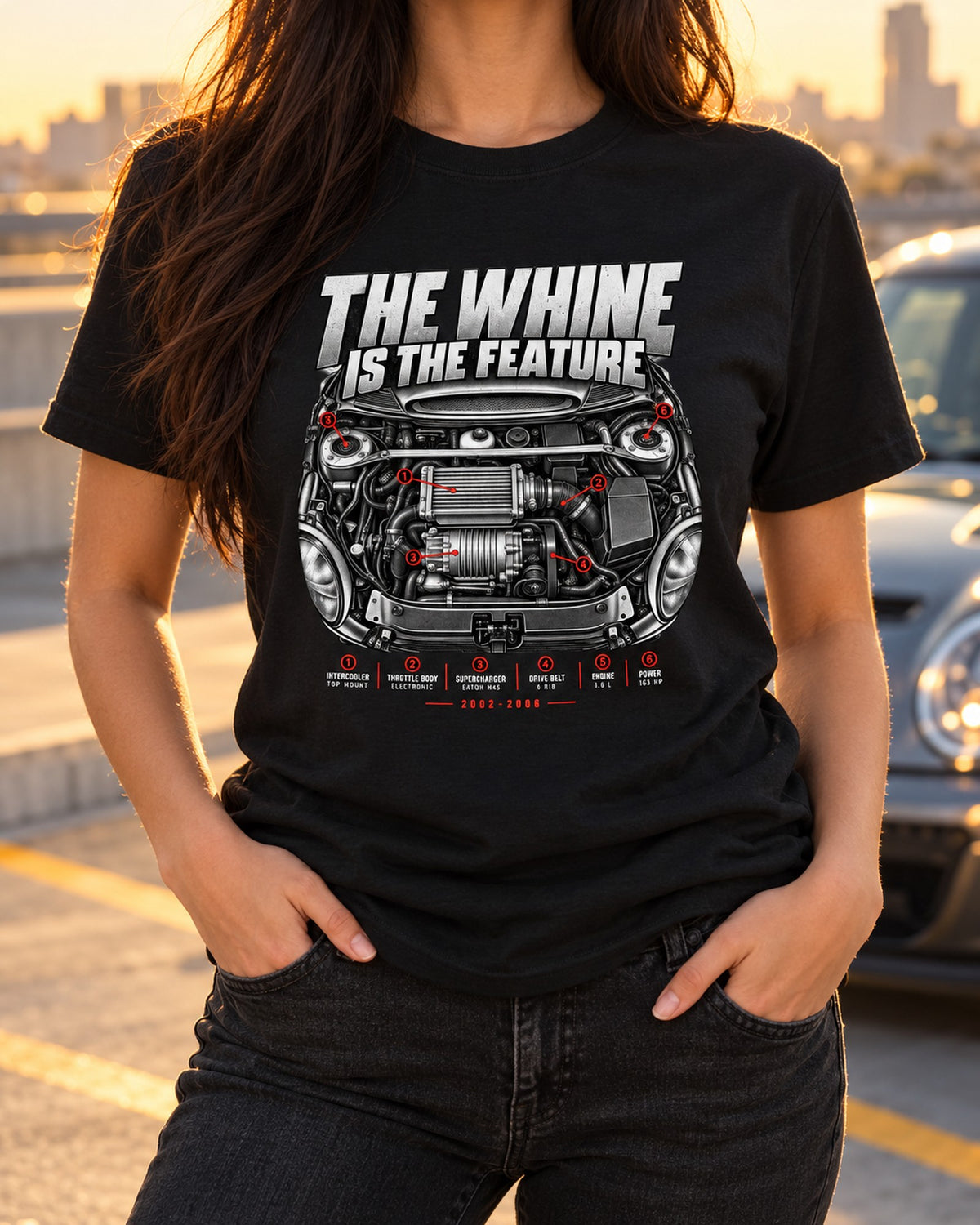 Mini Cooper S R53 Supercharger Engine Bay Shirt, The Whine T-Shirt Black worn hero
