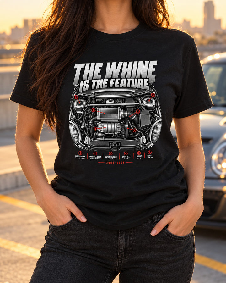 Mini Cooper S R53 Supercharger Engine Bay Shirt, The Whine T-Shirt Black worn hero