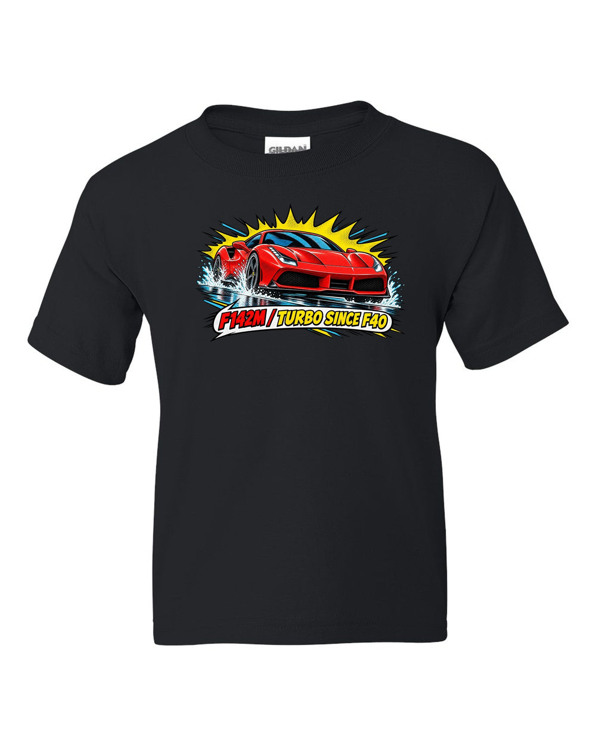 Comic halftone pop-art print of the Ferrari 488 GTB F142M with the text F142M, turbo since F40 black kids tee front view with the design