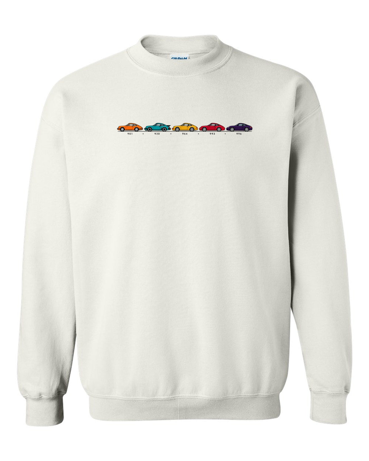 Retro Japanese showa advert style illustration of a 1955 Porsche 356 A Speedster white crewneck front view with the design