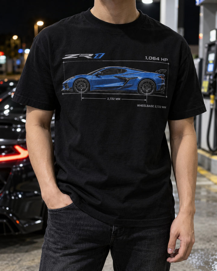 Corvette C8 ZR1 2025 Dimension Blueprint Shirt, Car Guy Gift T-Shirt Black worn hero