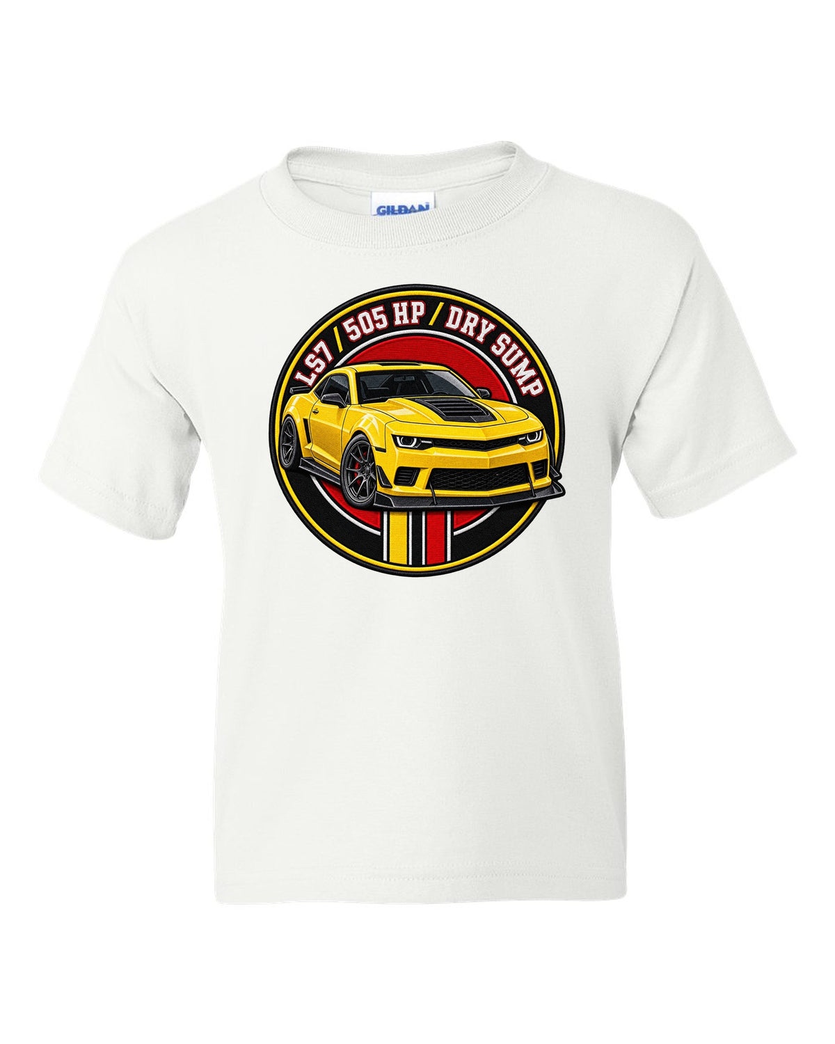2014 Camaro Z/28 in a varsity crest design with text LS7 505 HP Dry Sump white kids tee front view with the design