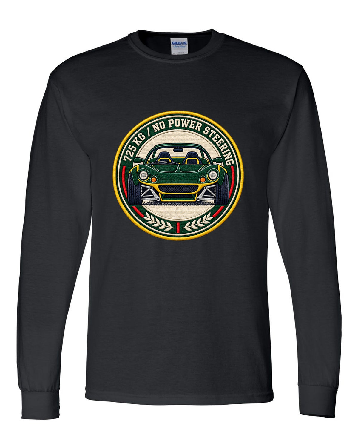 Lotus Elise S1 varsity crest design with 725 KG and no power steering lettering black long sleeve front view with the design