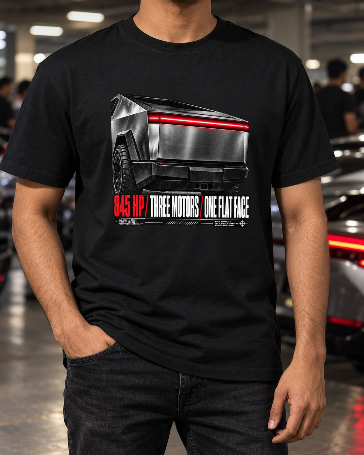 Cyberbeast Light Bar Macro Shirt, Cybertruck 2024 Three Motors T-Shirt Black worn hero