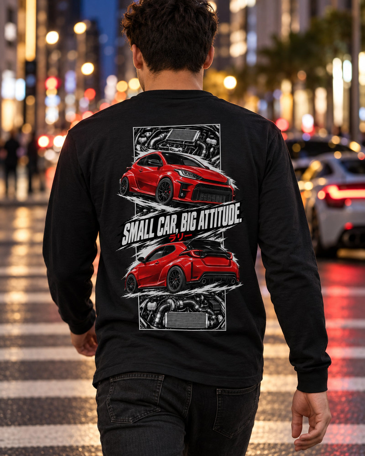 Toyota GR Yaris Torn Poster Full-Back Graphic Tee Long Sleeve Black worn hero