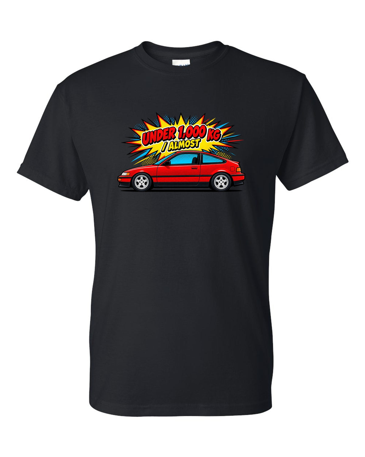 Pop-art Ben-Day halftone print of a Honda CRX EF8 Si with under 1,000 kg almost text black t-shirt front view with the design