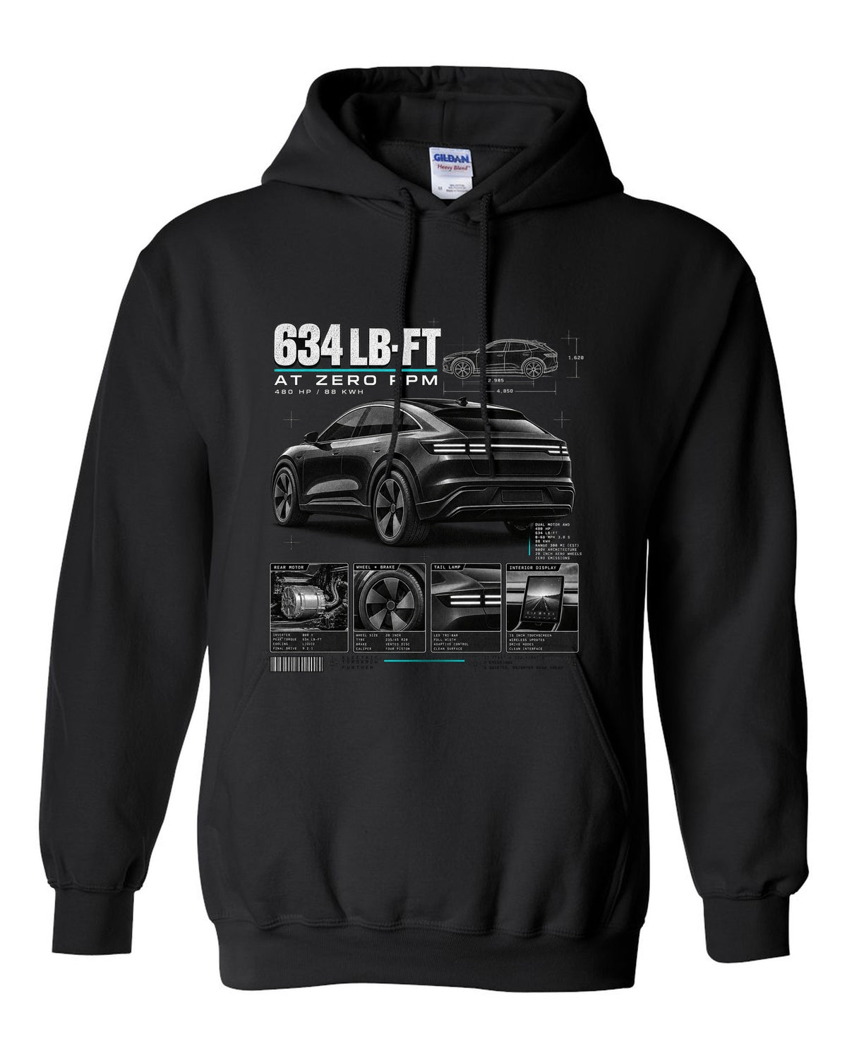Ford Mustang Mach-E GT CX727 dossier panel print with 634 lb-ft at zero rpm black pull over hoodie front view with the design