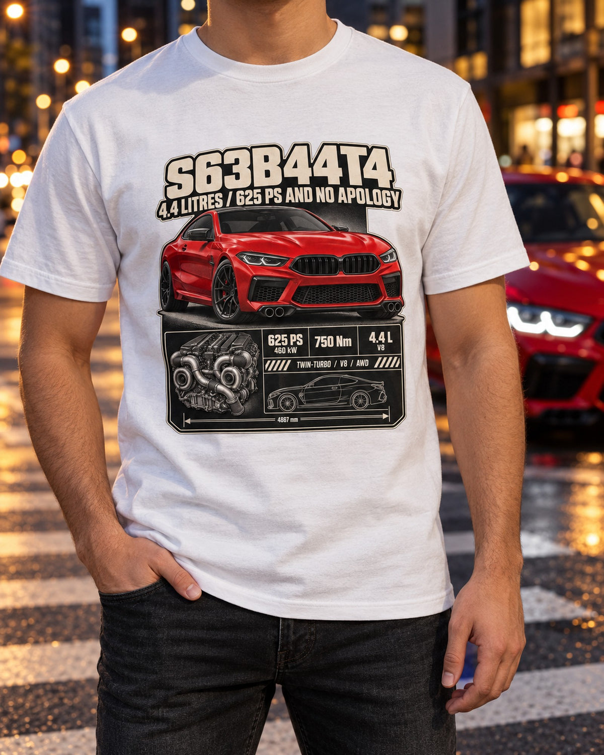 BMW M8 Competition F92 S63 Spec Poster Shirt T-Shirt White worn hero