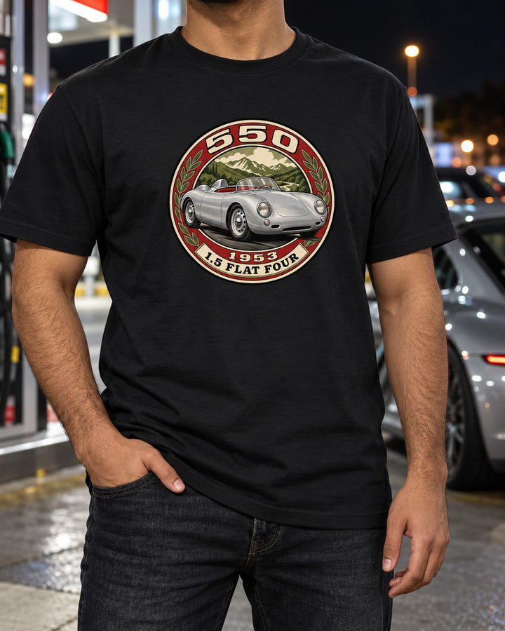 Porsche 550 Spyder 1953 Vintage Crest Shirt, Flat-Four T-Shirt Black worn hero