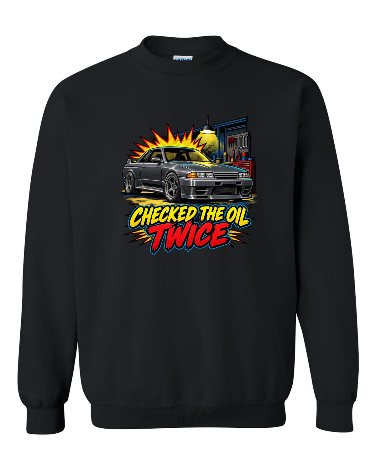 Comic halftone pop-art print of a Nissan Skyline GT-R R32 BNR32 in a garage black crewneck front view with the design