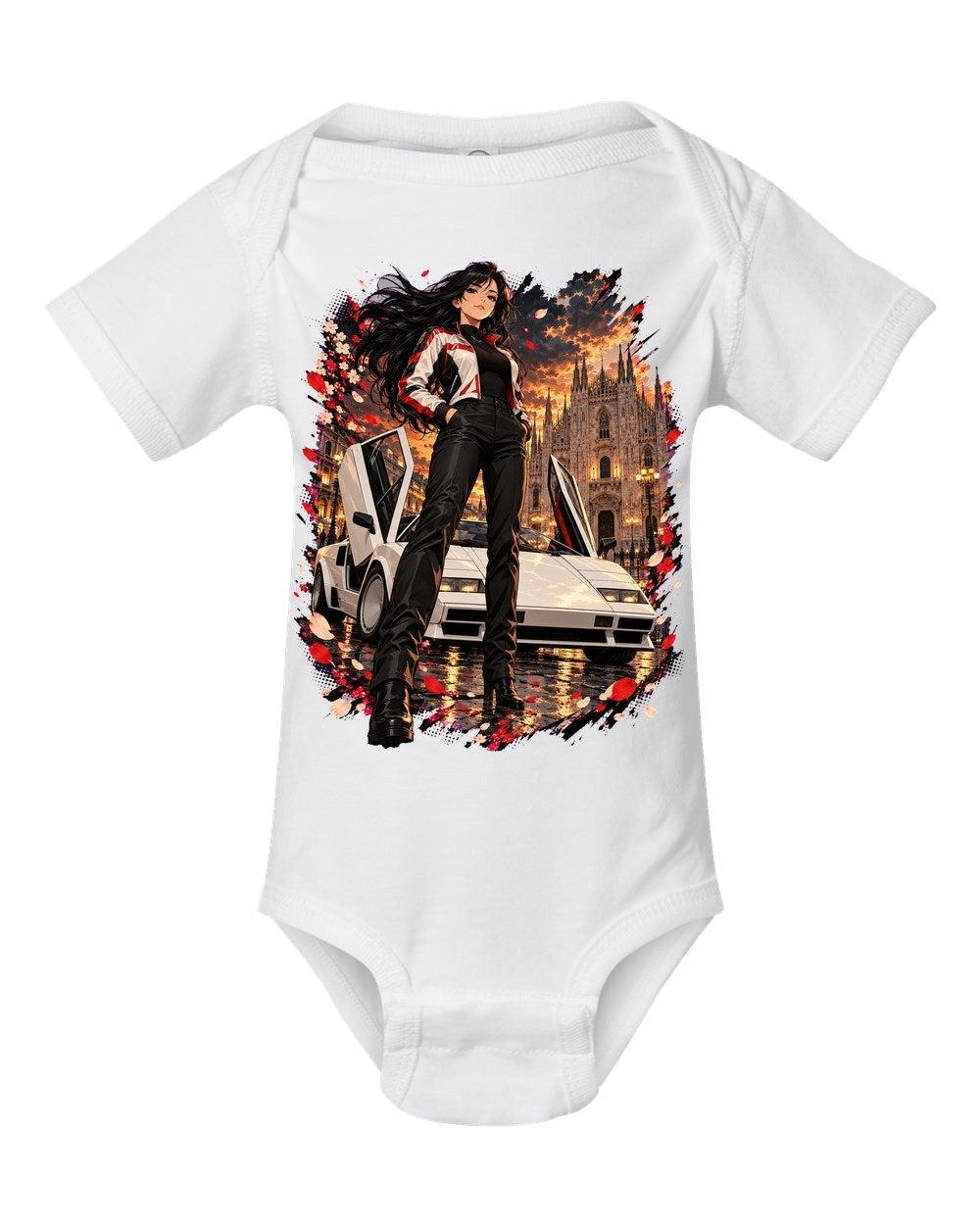 Lamborghini Countach Anime Girl Baby Onesie White front