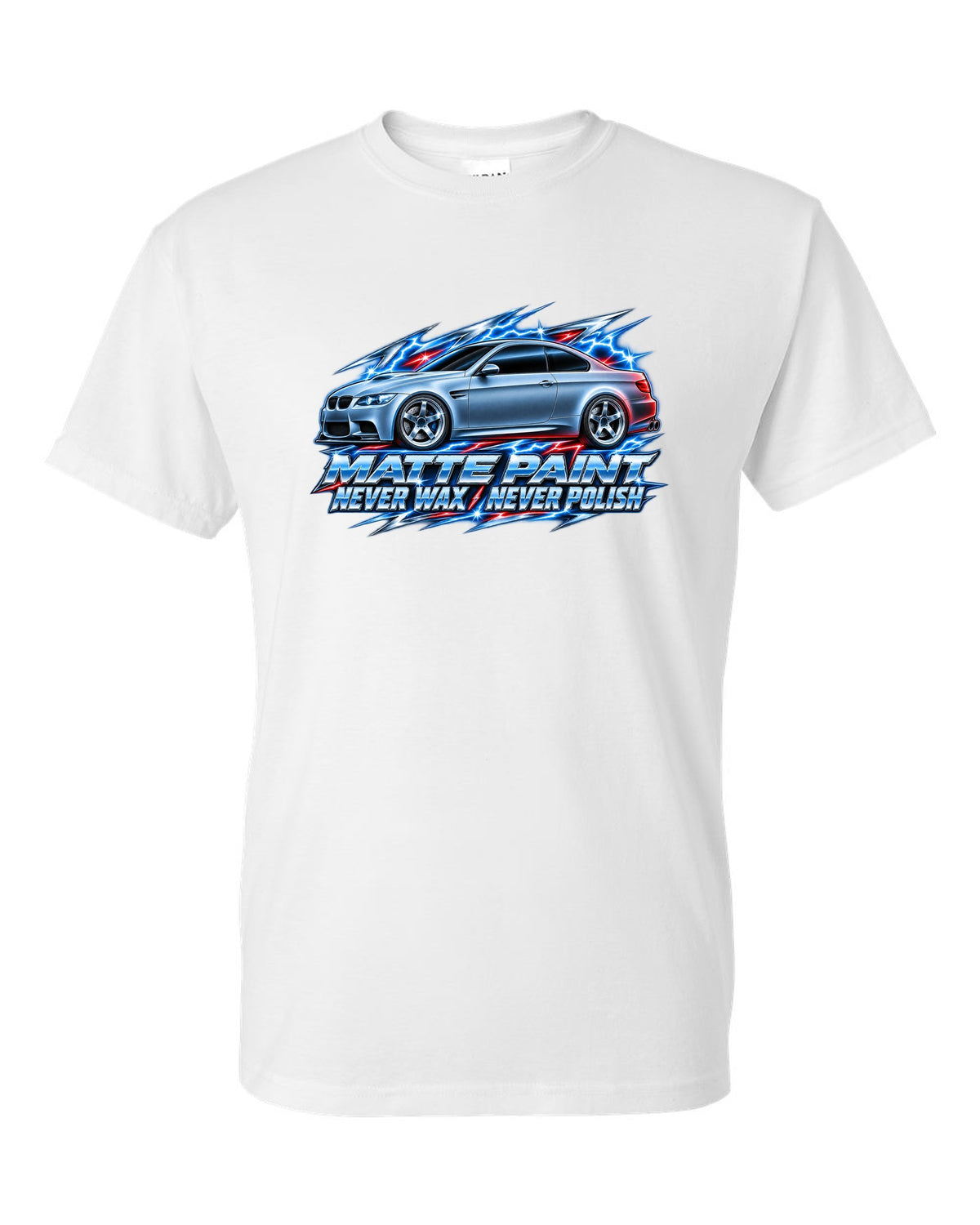 80s chrome airbrush print of a BMW E92 M3 coupe with matte paint never wax never polish text white t-shirt front view with the design
