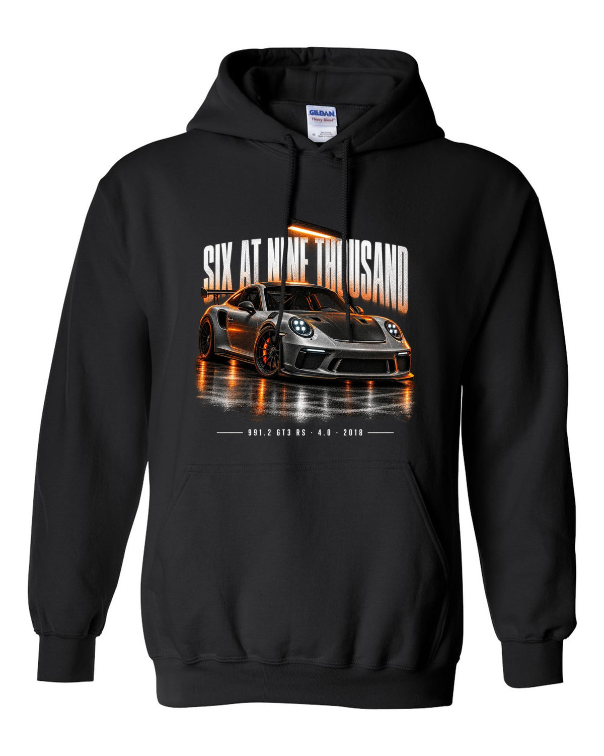 Garage night poster print of a 2018 Porsche 911 GT3 RS 991.2 black pull over hoodie front view with the design