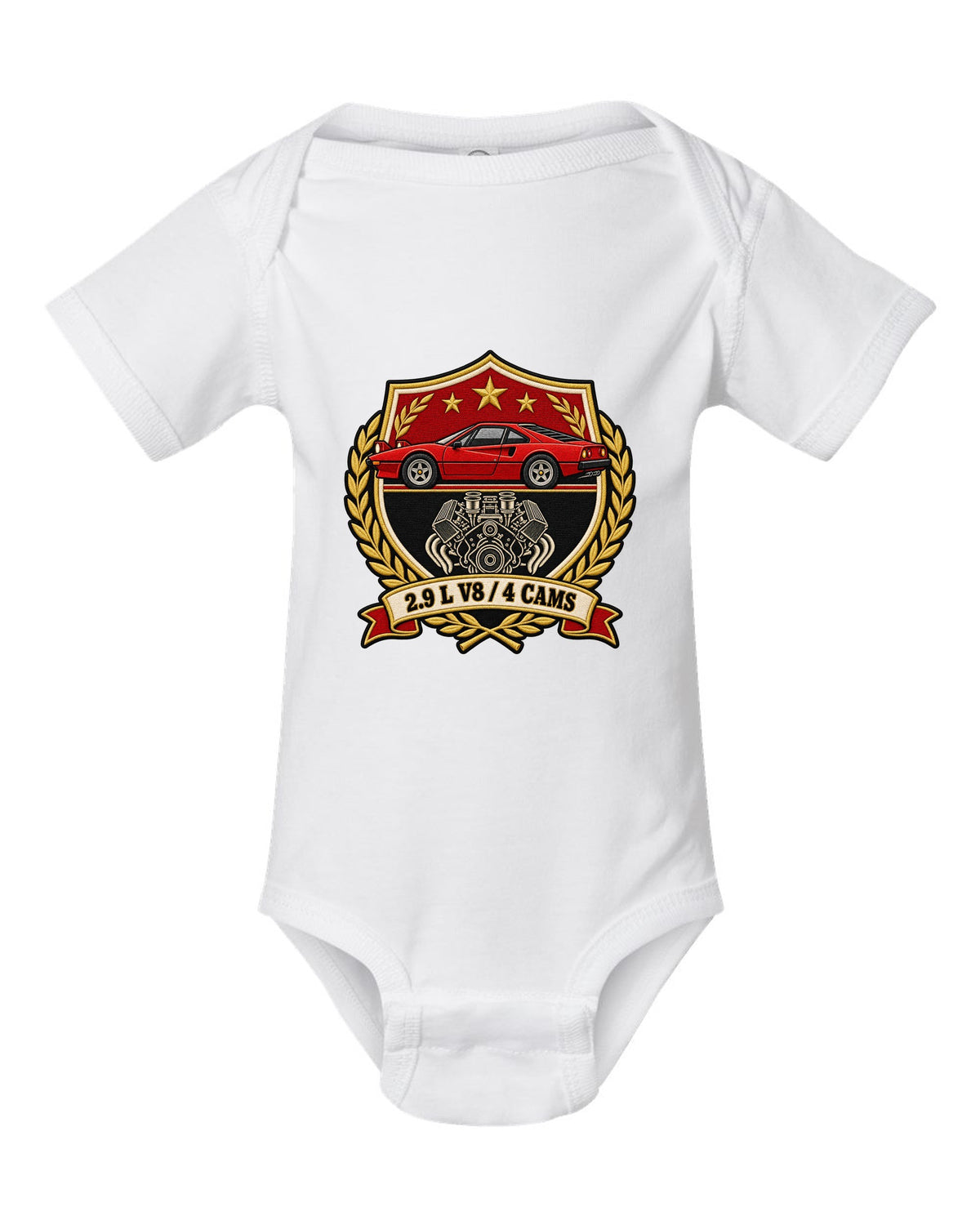 Varsity crest print for the Ferrari 308 GTB with the text 2.9 L V8, 4 cams white baby onesie front view with the design