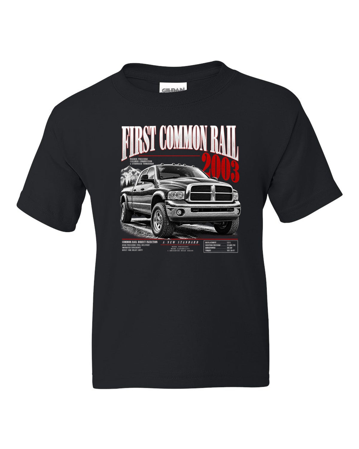 Editorial headline of a 2003-2009 Ram 2500 3rd gen with the text First Common Rail 2003 black kids tee front view with the design