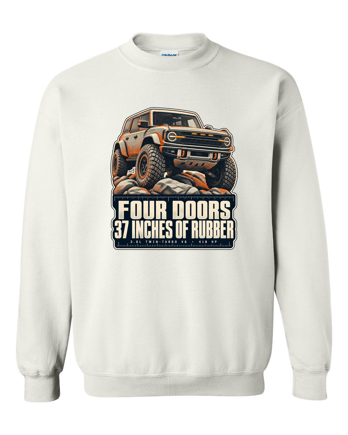 Ford Bronco Raptor halftone print with four doors 37 inches text white crewneck front view with the design