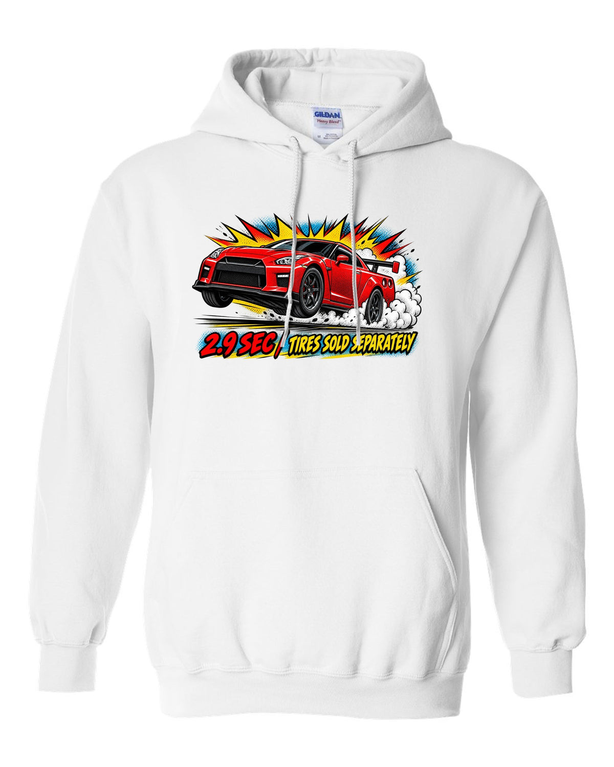Comic halftone pop-art print of a Nissan GT-R R35 launching with 2.9 sec text white pull over hoodie front view with the design